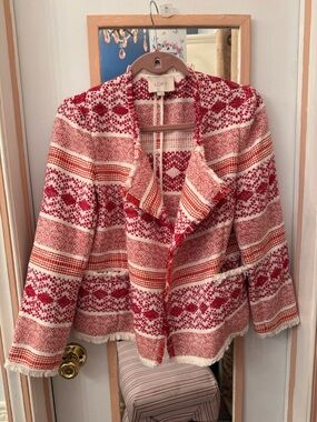 LOFT Red & Ivory Textured Bouclé Blazer with Orange Accents